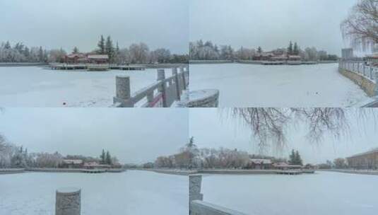 甘肃庆阳东湖公园雪景大范围延时素材高清在线视频素材下载