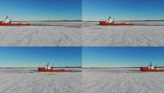 破冰船行驶在冻结的河水中高清在线视频素材下载