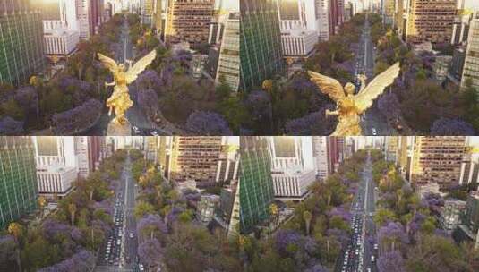在独立天使纪念碑上空的空中计划拍摄，Paseo de la Reforma，墨西哥，天线高清在线视频素材下载