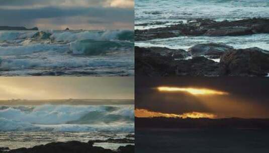 海浪花海鸟海边夕阳波涛汹涌的海浪拍打礁石高清在线视频素材下载