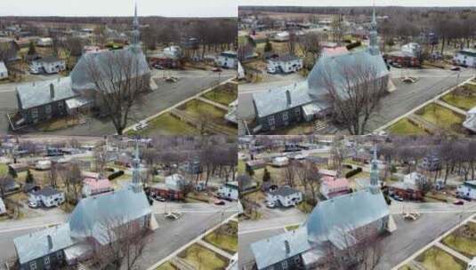 魁北克博蒙特乡村小镇历史教堂建筑空中展示高清在线视频素材下载