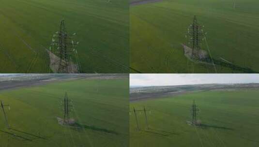 白天绿麦田电线杆鸟瞰图高清在线视频素材下载
