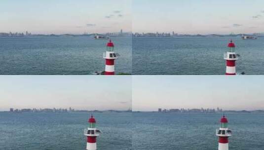 青岛海边的灯塔航拍4K视频高清在线视频素材下载