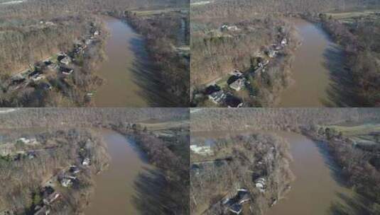 河流淹没房屋的全景图高清在线视频素材下载