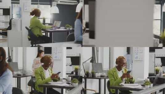 女人在办公桌上使用智能手机高清在线视频素材下载