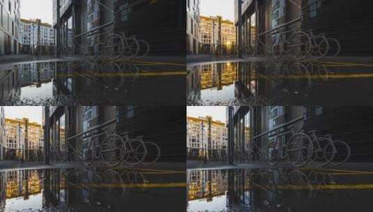 挪威奥斯陆条形码项目湿巷中的自行车架白天-低水平，延时拍摄高清在线视频素材下载