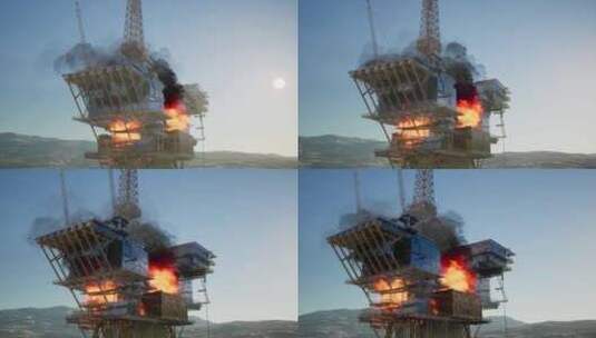 海上石油钻井平台着火燃烧高清在线视频素材下载