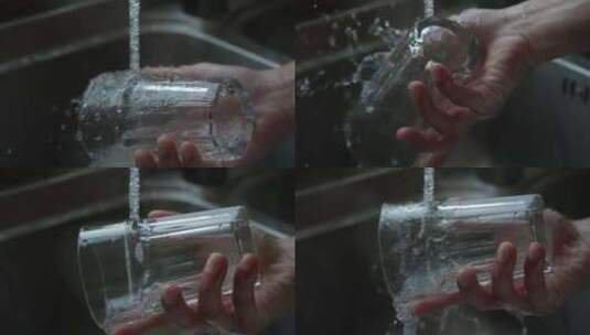 清洗透明玻璃杯子水杯特写升格高清在线视频素材下载