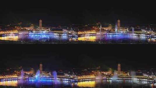 中国风古镇大型音乐喷泉水幕秀高清在线视频素材下载