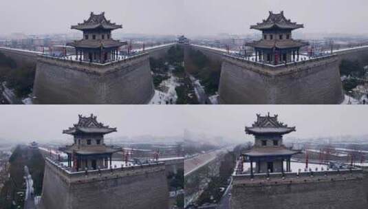 西安城墙角楼雪景高清在线视频素材下载