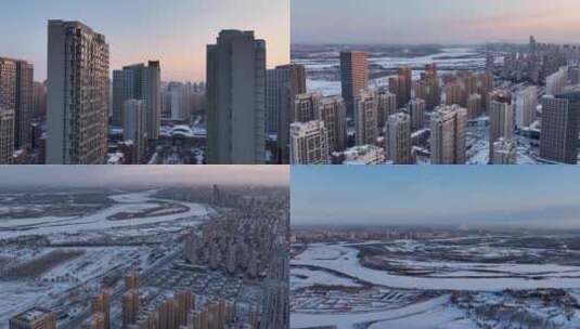 4K航拍黑龙江哈尔滨日出雪景高清在线视频素材下载