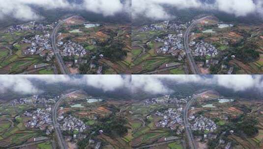 冬日里云雾缭绕的公路  群山 农村 农田高清在线视频素材下载