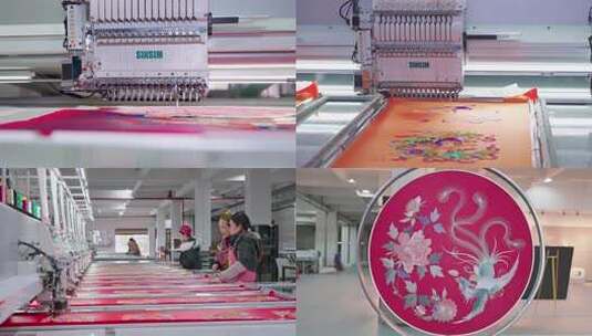 非遗文化流水生产线刺绣机刺绣作业画面高清在线视频素材下载