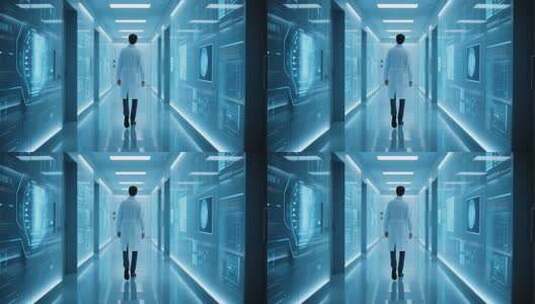 科研人员行走在科技感走廊高清在线视频素材下载