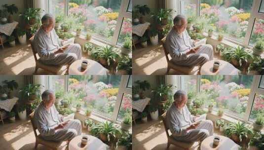 老人窗边阅读休闲场景高清在线视频素材下载