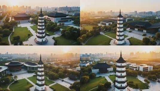 古塔与现代建筑的城市景观高清在线视频素材下载