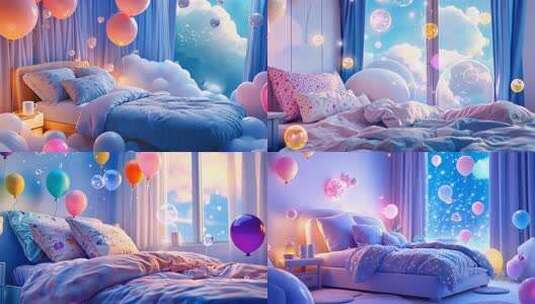 梦幻空间童趣卧室创意装饰气球装饰温馨卧室高清在线视频素材下载