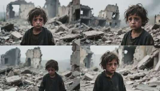 废墟中的孩子特写高清在线视频素材下载