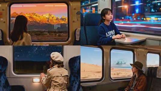 女孩坐列车看窗外风景 旅途上的窗外时光高清在线视频素材下载