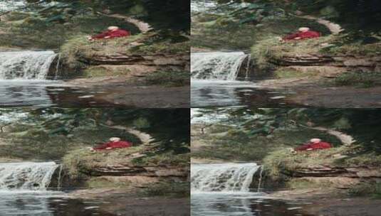 一个和尚在河边莲花坐禅竖屏高清在线视频素材下载