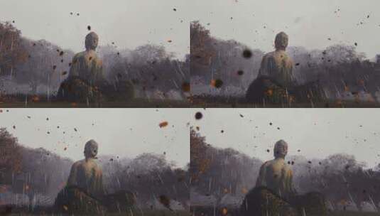下雨天一尊佛的雕像前树叶落下高清在线视频素材下载