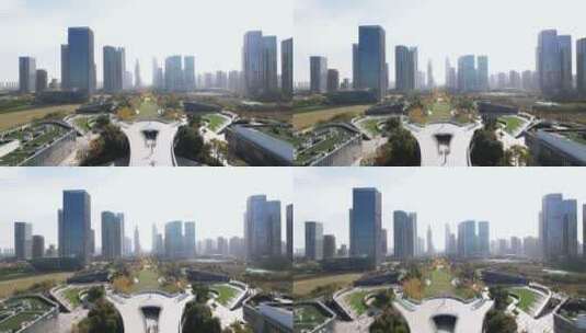航拍杭州钱江世纪城公园和周边现代建筑高清在线视频素材下载