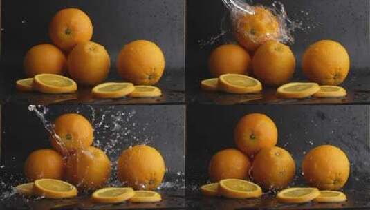 升格慢镜头用水冲洗新鲜橙子写意动态视频高清在线视频素材下载