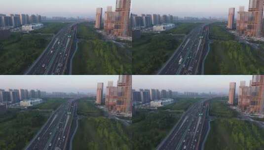 航拍杭州傍晚城市高架桥高清在线视频素材下载