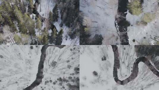 冬末春初森林河流雪水融化航拍高清在线视频素材下载