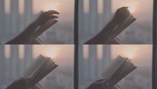 夕阳下的窗边女孩看书翻书翻页视频素材高清在线视频素材下载