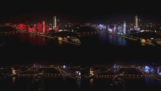 长沙湘江橘子洲两岸夜景航拍高清在线视频素材下载