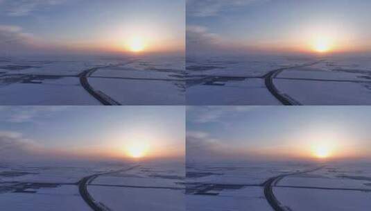 航拍4K雪域草原高速公路日出高清在线视频素材下载