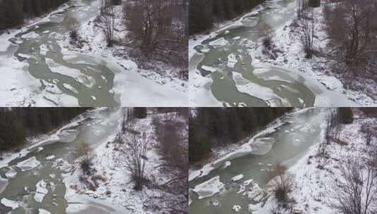 冰冷的冬季河流头顶扭曲的美丽与破裂的冰高清在线视频素材下载