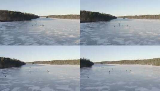 航拍人群在大冰湖上滑冰高清在线视频素材下载