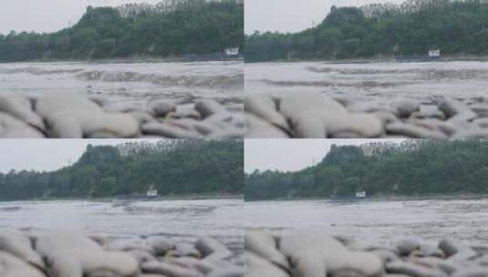 河道运沙船河边河面高清在线视频素材下载