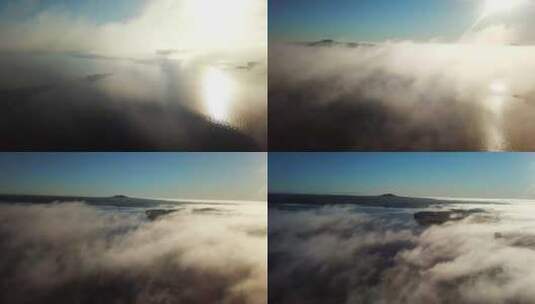 湖泊日出航拍 航拍穿越云层高清在线视频素材下载