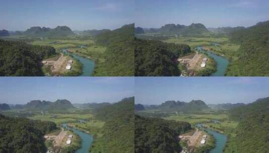 空中高地图片山谷河路和村庄房屋高清在线视频素材下载