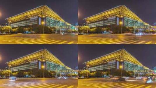 苏州国际博览中心建筑夜景和车流延时摄影高清在线视频素材下载