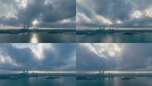 苏州城市光影金鸡湖日出航拍延时高清在线视频素材下载