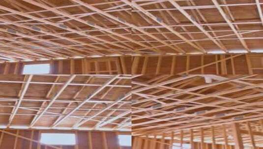 新房子的木制框架施工正在进行中高清在线视频素材下载