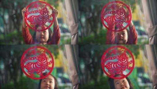 虎年春节中国娃娃贴窗花剪纸4K高清在线视频素材下载