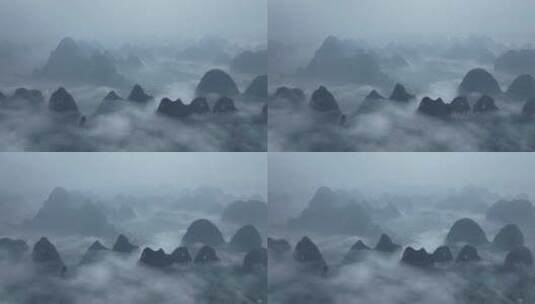 晨雾中航拍桂林漓江自然景区喀斯特山脉高清在线视频素材下载