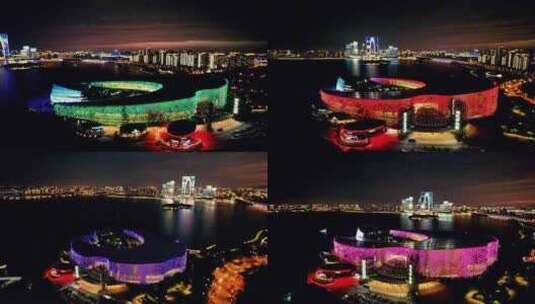 苏州东方之门文化艺术中心金鸡湖夜景灯光高清在线视频素材下载