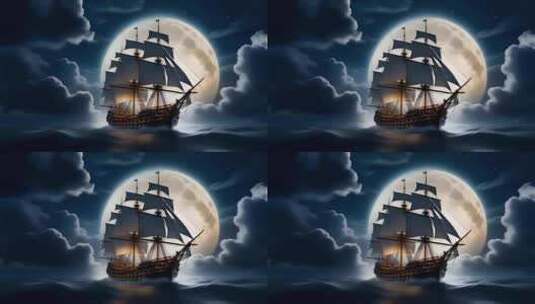 夜晚海洋明月帆船高清在线视频素材下载