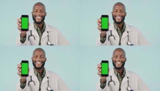 快乐的黑人、医生和带有绿屏的电话、模型或高清在线视频素材下载