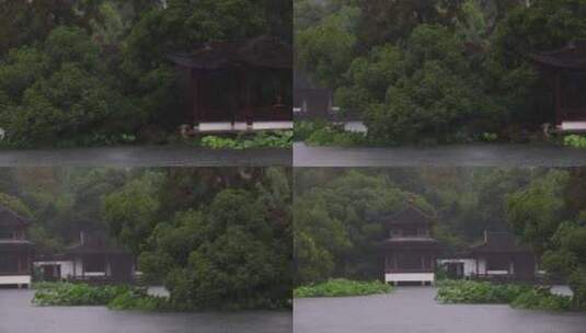 夏季雨中中式园林庭院屋檐雨滴高清在线视频素材下载