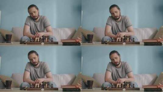 男人，客厅，象棋，坐高清在线视频素材下载