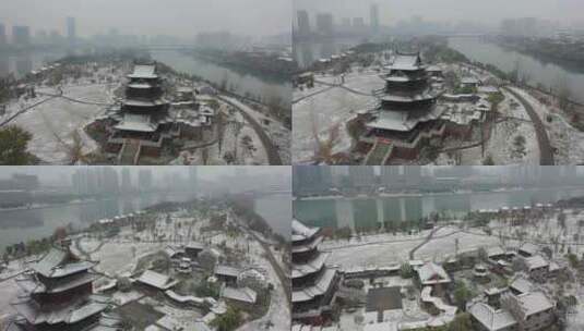 航拍衡阳市冬季雪景东洲岛雪景高清在线视频素材下载