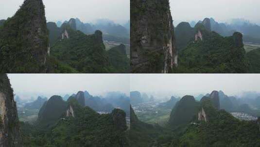 鸟瞰喀斯特山脉和山谷与雾，中国。高清在线视频素材下载