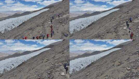 航拍攀登慕士塔格峰冰川冰塔林旁的登山队高清在线视频素材下载